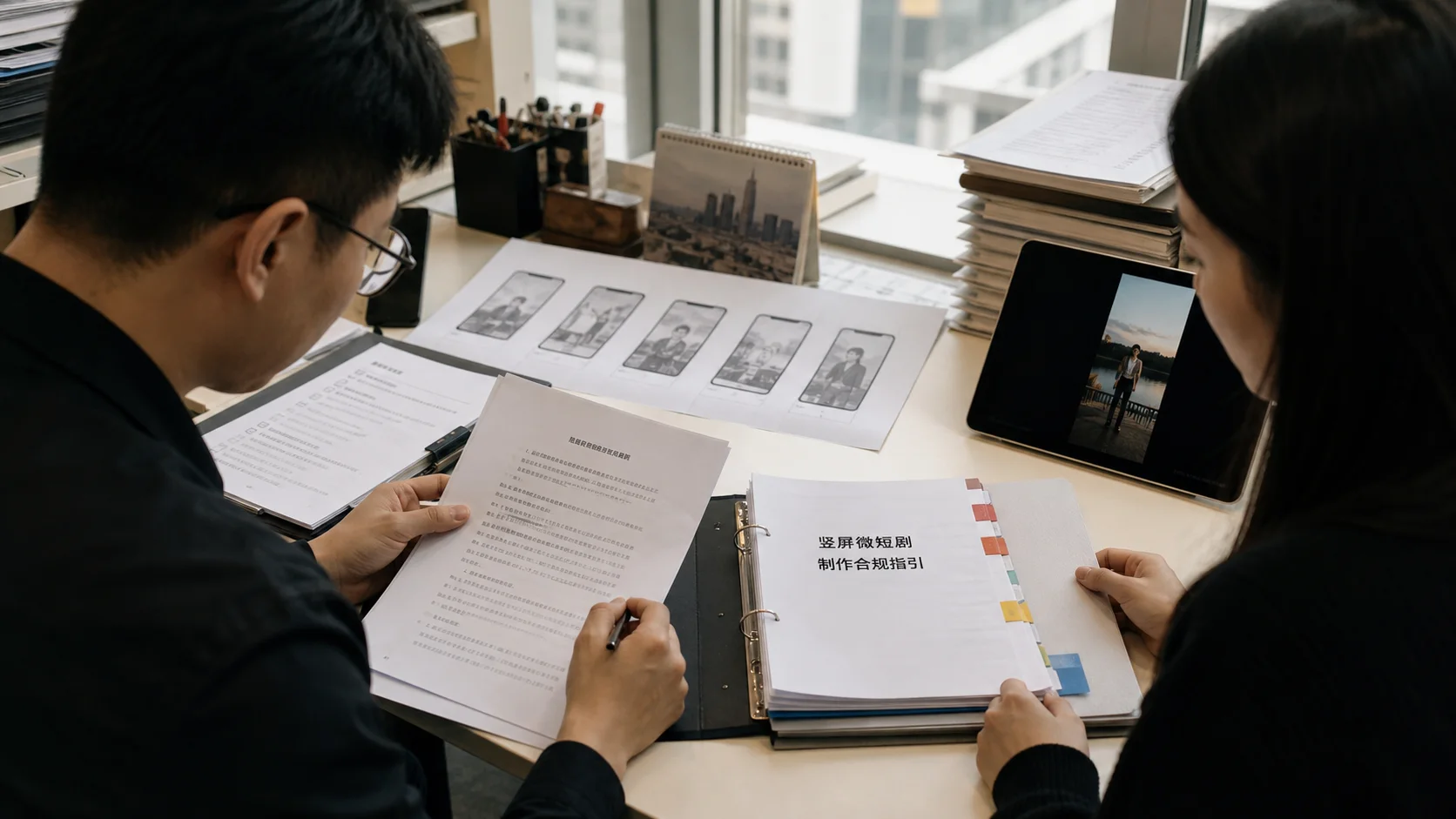 Original editorial visual of editors and producers reviewing microdrama scripts, versions and compliance records in a daylight office