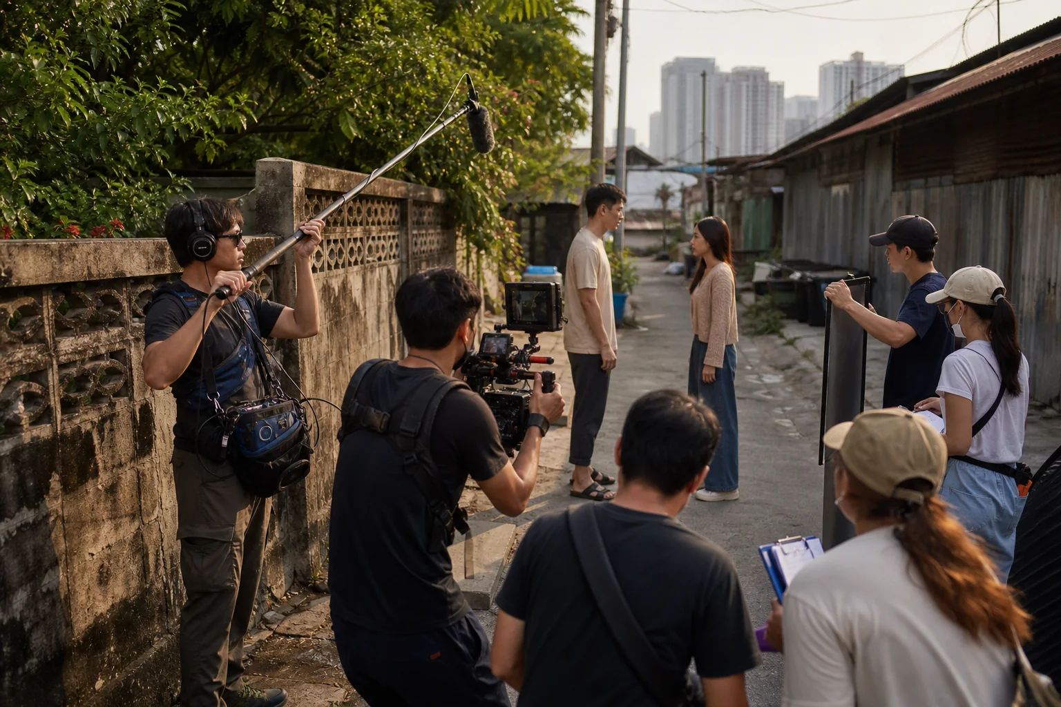 A local Thai vertical-drama crew films on location in a Bangkok neighborhood