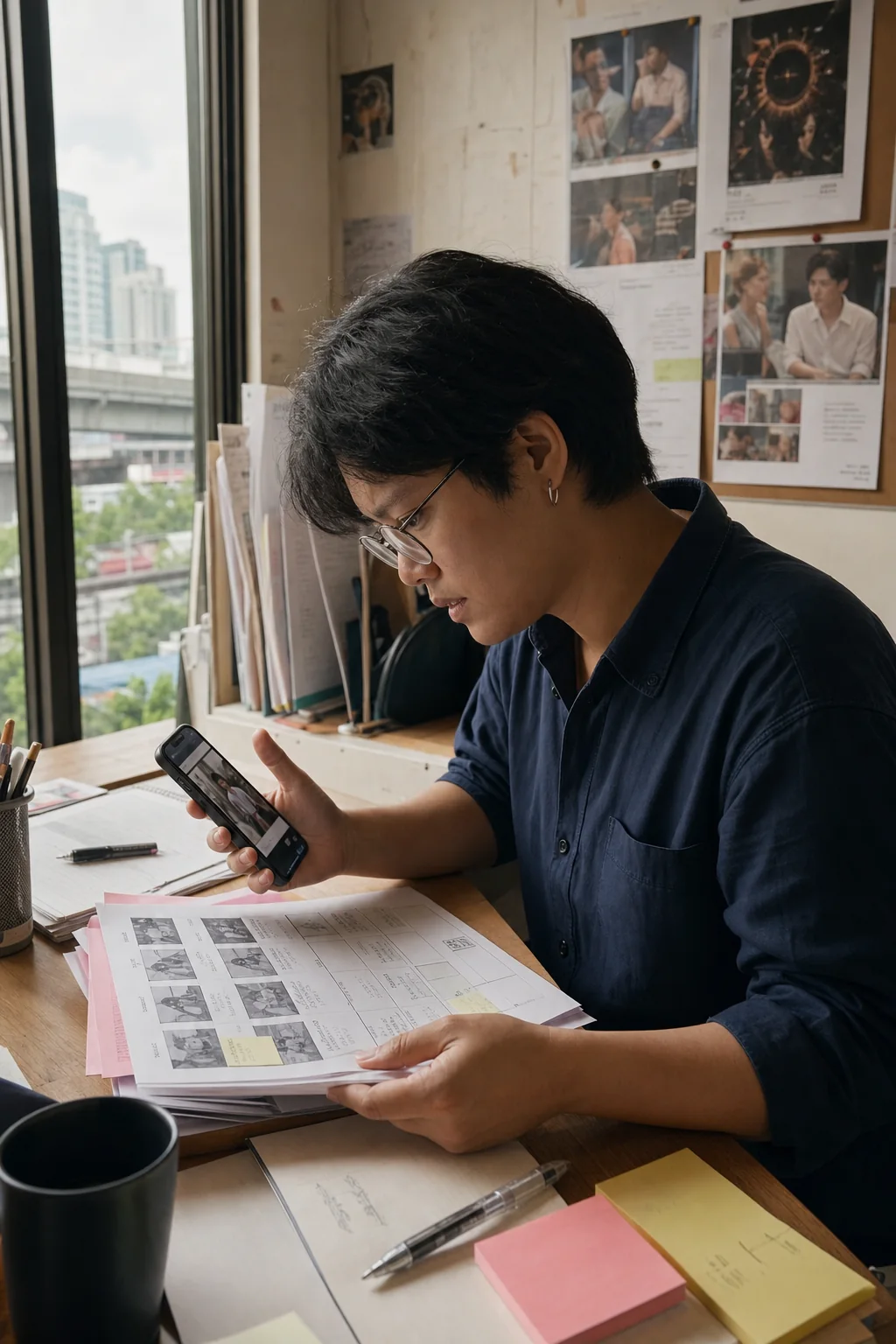 A Thai story editor reviews a vertical-drama storyboard and phone preview in a Bangkok studio