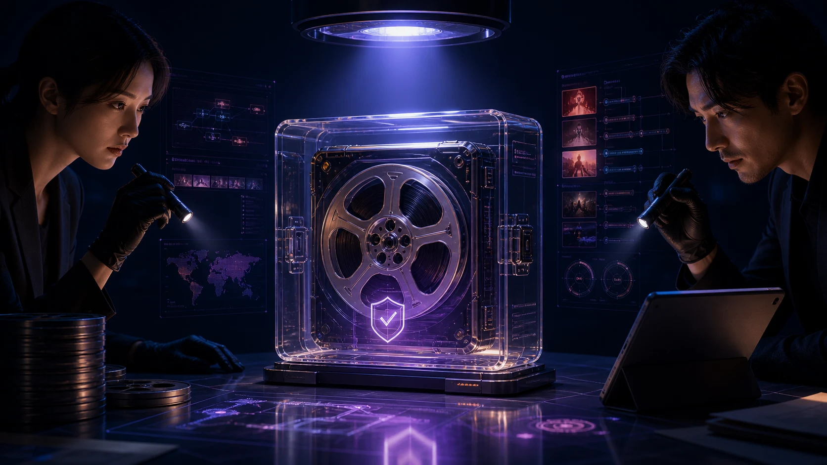 Editorial visual of an AI video master packaged with sources, Content Credentials and file hashes