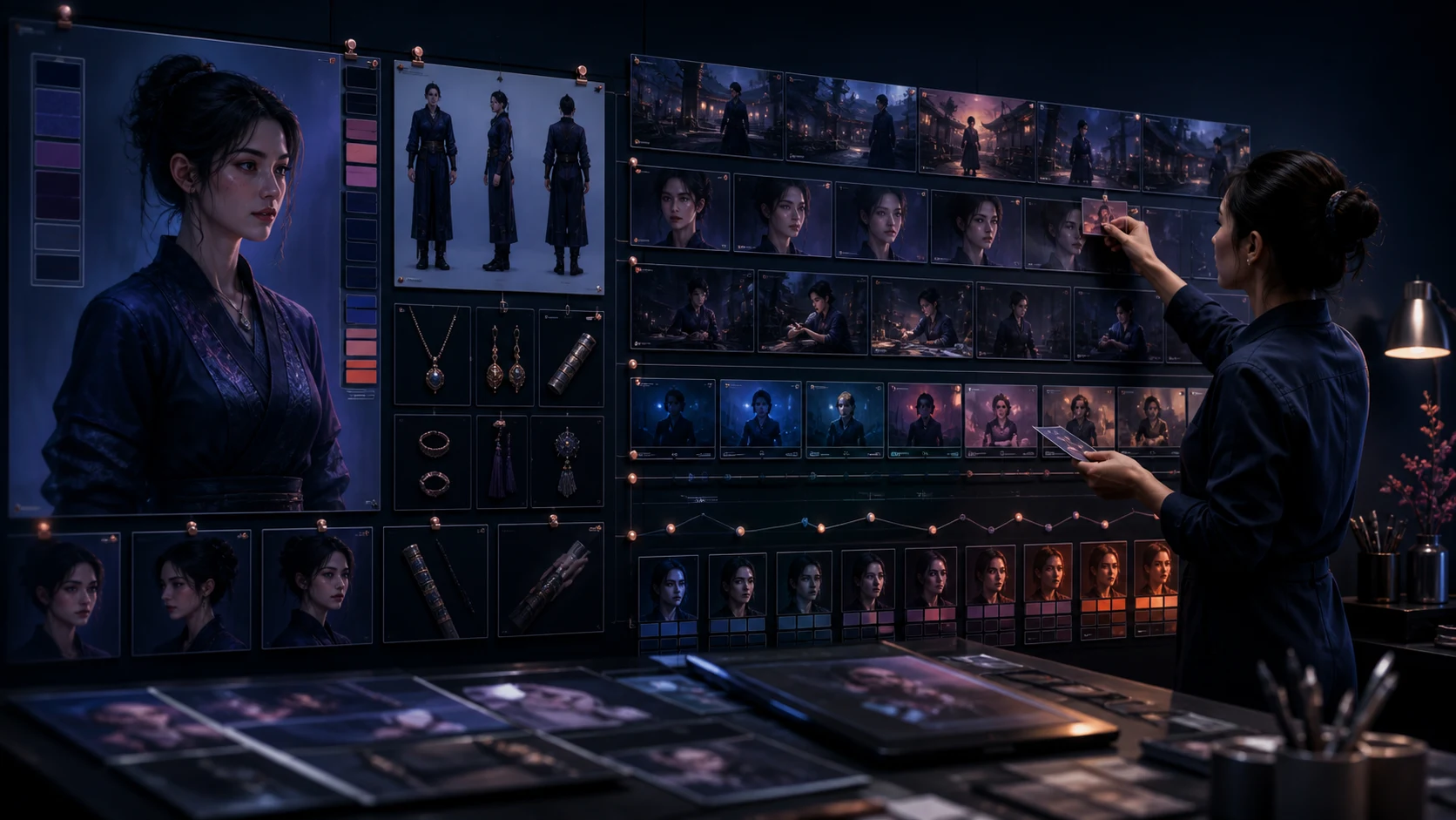 Editorial visual of character, environment and boundary frames forming a continuous shot-state package