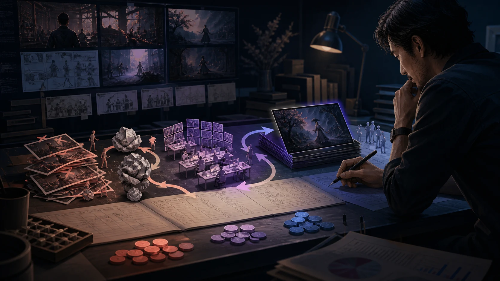 Editorial visual of a producer tracking AI video generation, rework and delivery cost