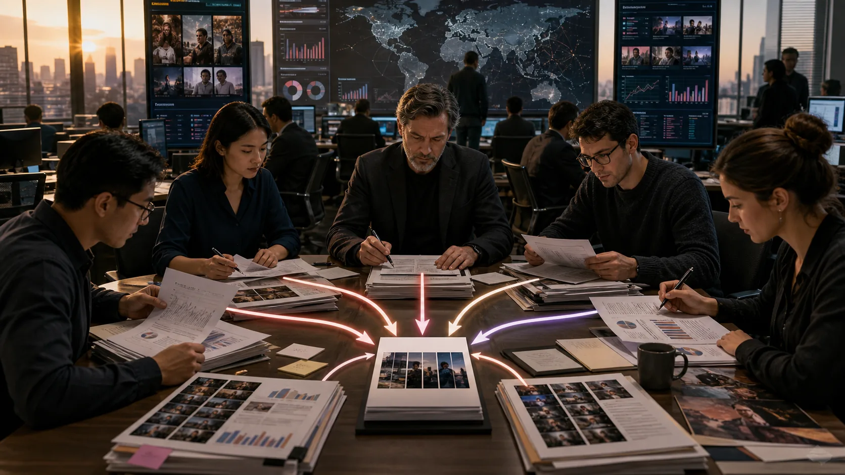 Original editorial visual of an international desk assembling an industry report from production, distribution, title and data evidence