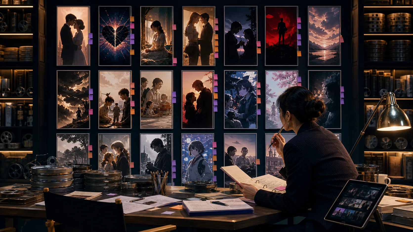 Original editorial visual of a title curator reviewing animated and live-action vertical drama