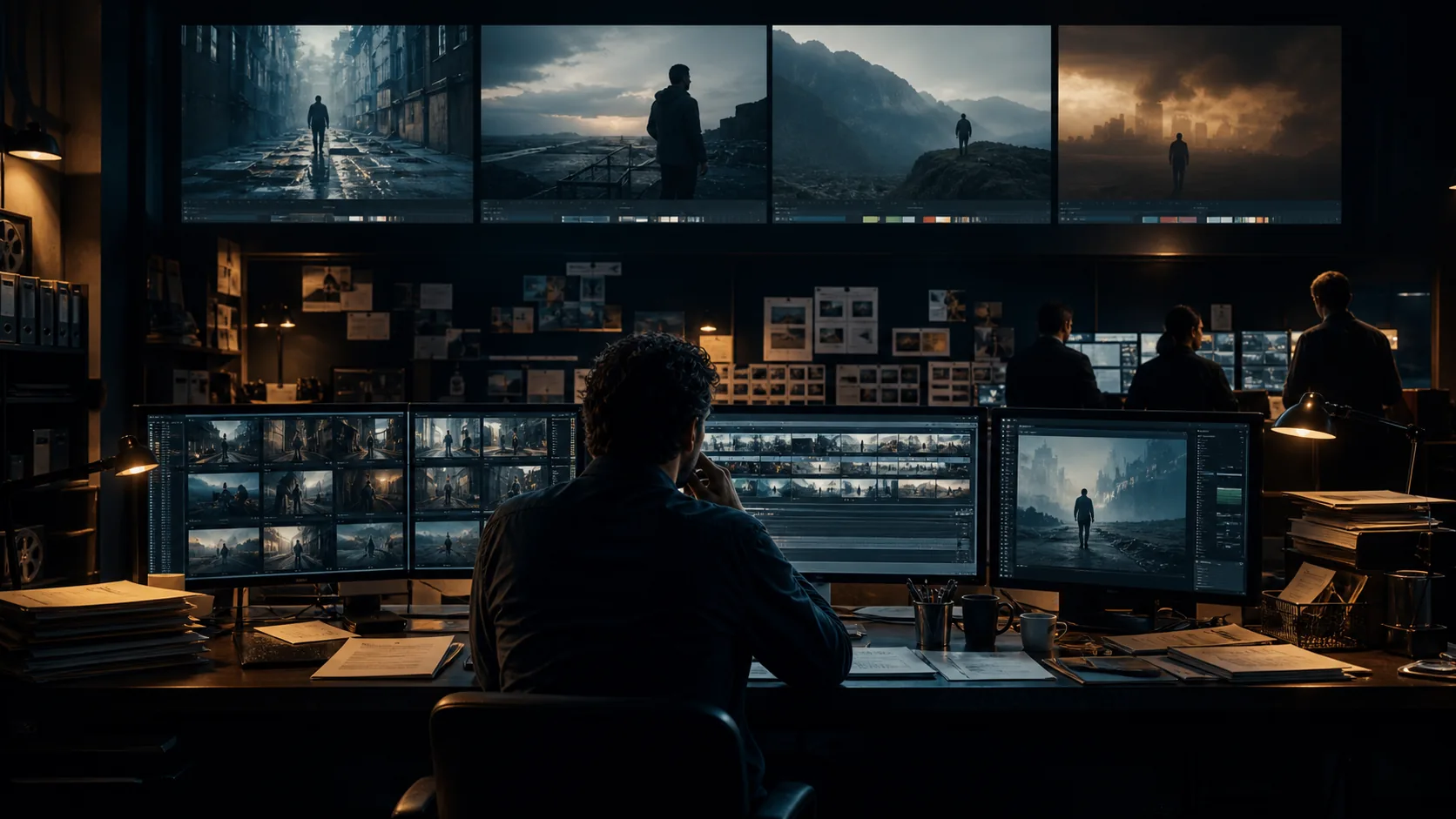 Original editorial visual of a producer reviewing AI-video versions, rework and cost