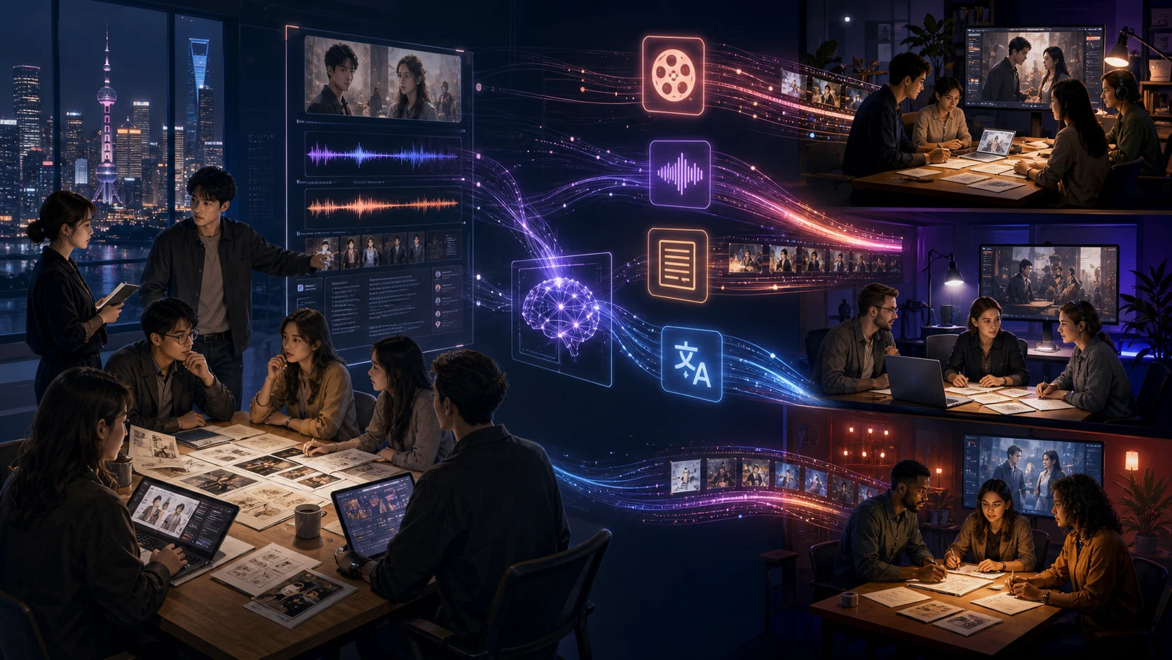 Original CoolShow AniVerse editorial visual for COL frames overseas short-drama expansion around IP, platforms, AI and local teams