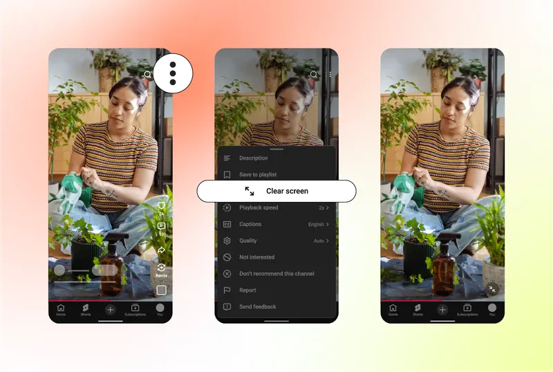 Official YouTube Shorts Clear Screen interface showing viewing with and without overlays